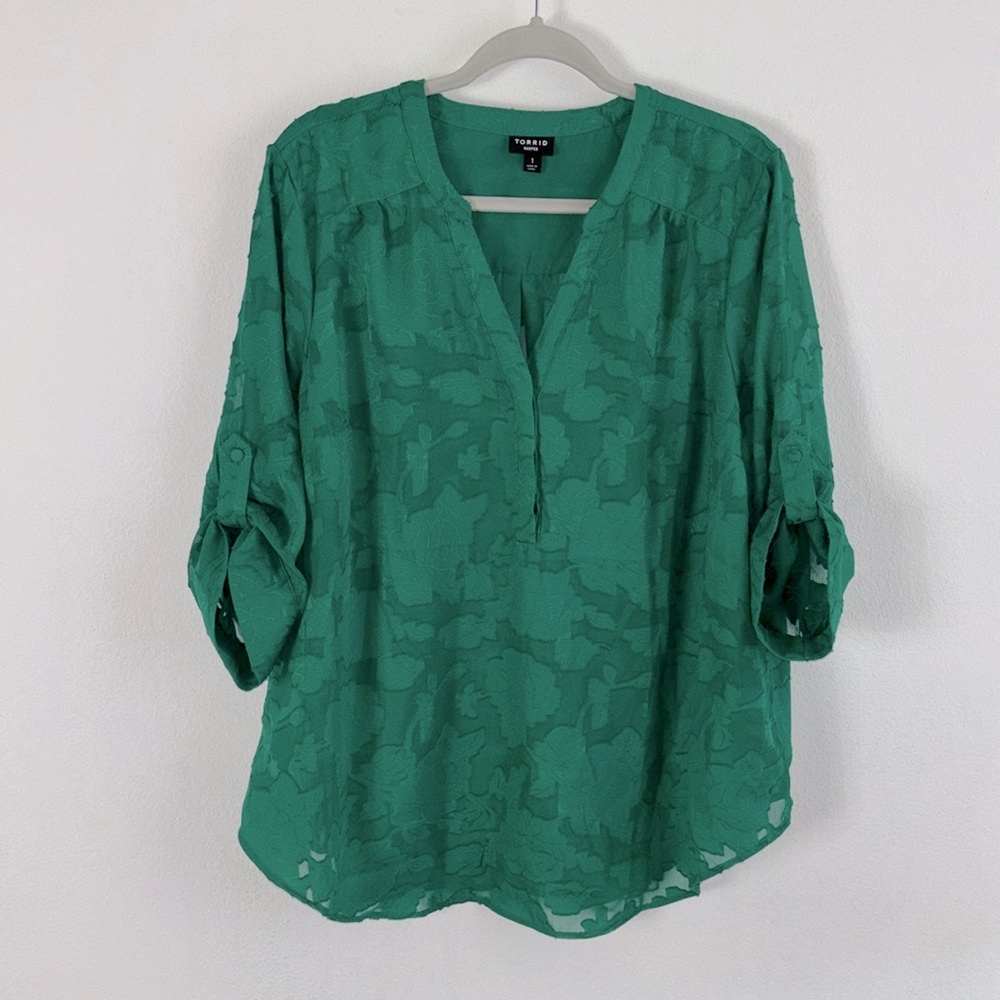 torrid Green Textured V-Neck Roll-Sleeve Blouse